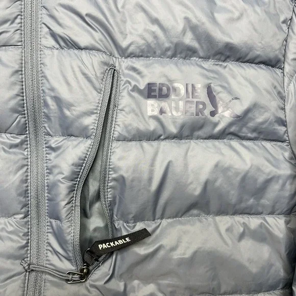 Eddie Bauer 550 Down Puffer Jacket Mens Medium Gray Hooded Lightweight Packable - Picture 5 of 14